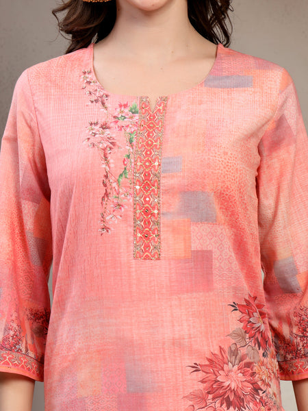 Women Peach Printed Round Neck Kurta & Trousers With Dupatta