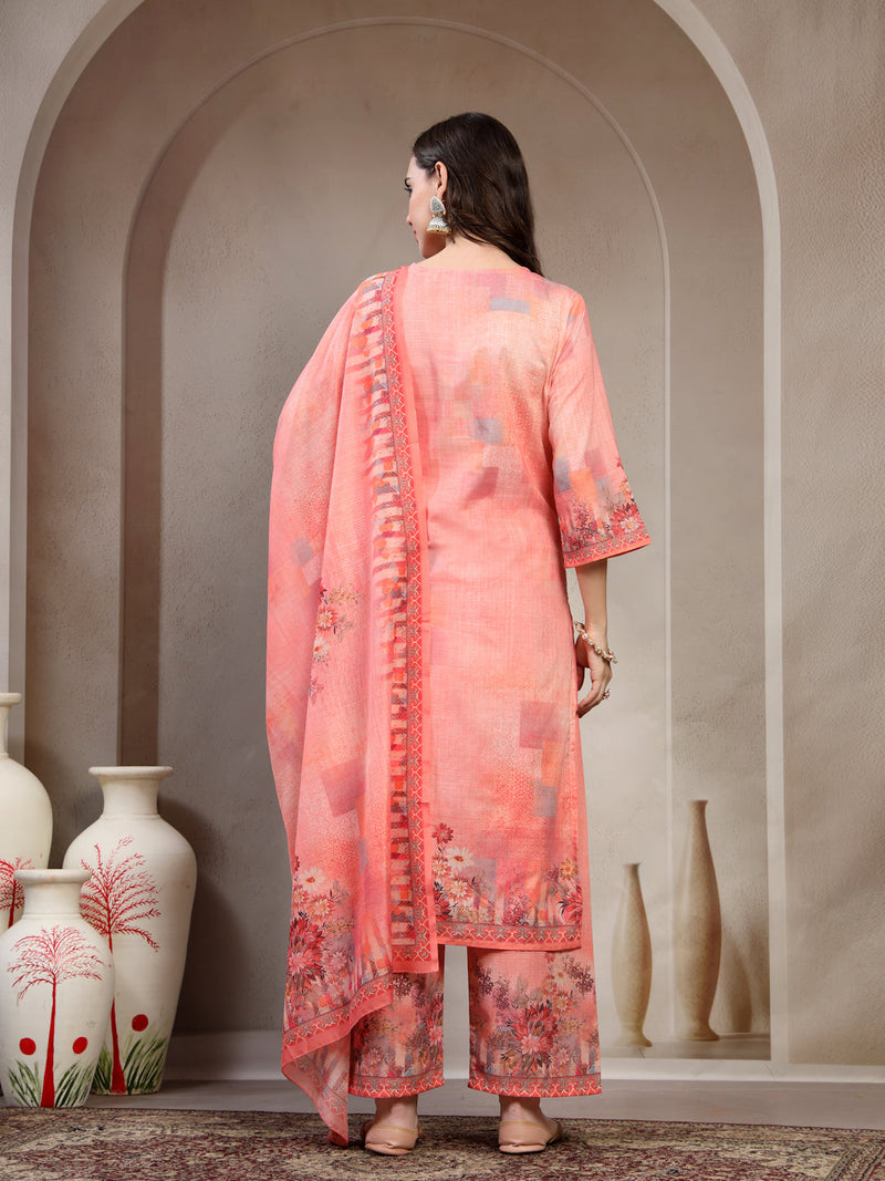 Women Peach Printed Round Neck Kurta & Trousers With Dupatta
