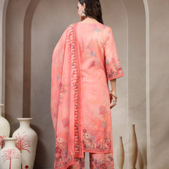 Women Peach Printed Round Neck Kurta & Trousers With Dupatta