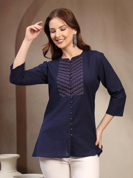 Women Blue Geometric Yoke Embroidered Mandarin Collar Regular Top