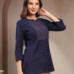Women Blue Geometric Yoke Embroidered Mandarin Collar Regular Top