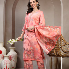 Women Peach Printed Round Neck Kurta & Trousers With Dupatta