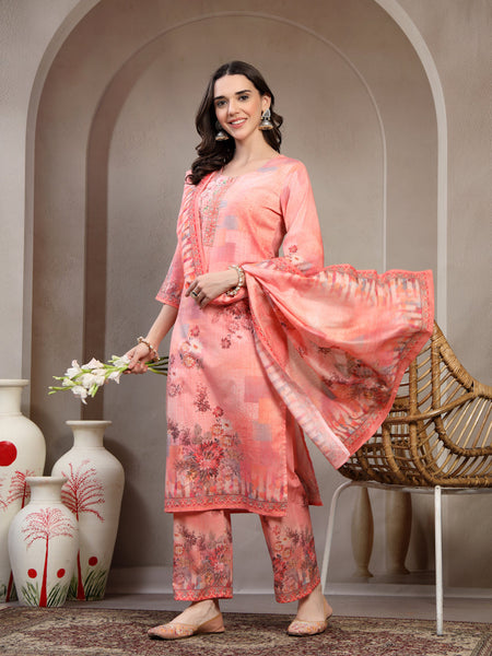 Women Peach Printed Round Neck Kurta & Trousers With Dupatta