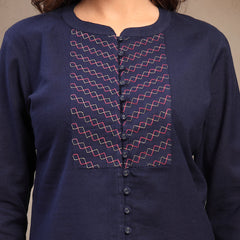 Women Blue Geometric Yoke Embroidered Mandarin Collar Regular Top