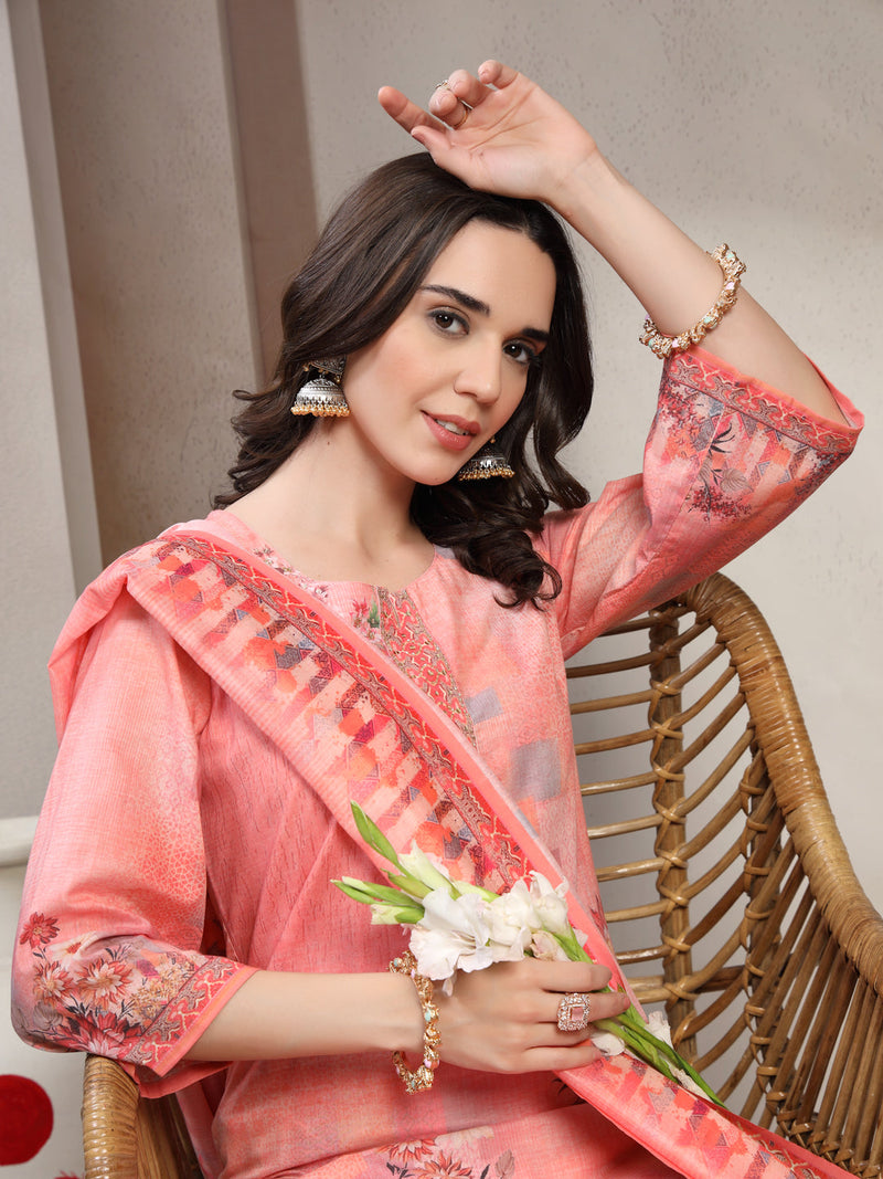 Women Peach Printed Round Neck Kurta & Trousers With Dupatta