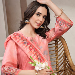 Women Peach Printed Round Neck Kurta & Trousers With Dupatta