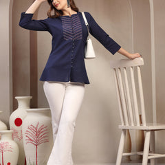 Women Blue Geometric Yoke Embroidered Mandarin Collar Regular Top