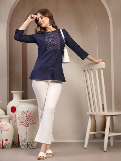 Women Blue Geometric Yoke Embroidered Mandarin Collar Regular Top
