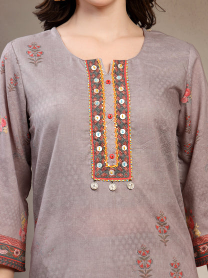 Women Grey Printed Round Neck Kurta & Trousers With Dupatta