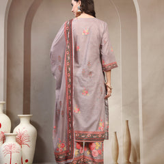 Women Grey Printed Round Neck Kurta & Trousers With Dupatta