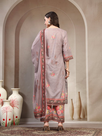 Women Grey Printed Round Neck Kurta & Trousers With Dupatta