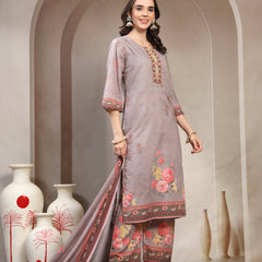 Women Grey Printed Round Neck Kurta & Trousers With Dupatta