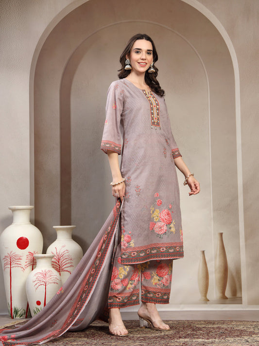 Women Grey Printed Round Neck Kurta & Trousers With Dupatta