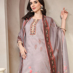 Women Grey Printed Round Neck Kurta & Trousers With Dupatta