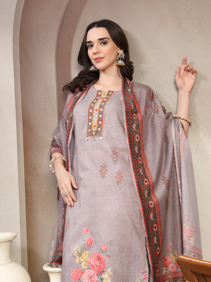 Women Grey Printed Round Neck Kurta & Trousers With Dupatta