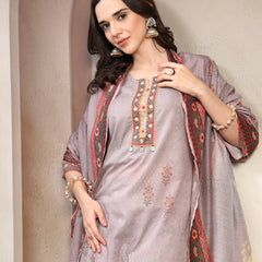 Women Grey Printed Round Neck Kurta & Trousers With Dupatta