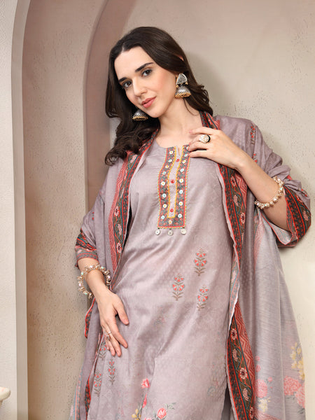 Women Grey Printed Round Neck Kurta & Trousers With Dupatta