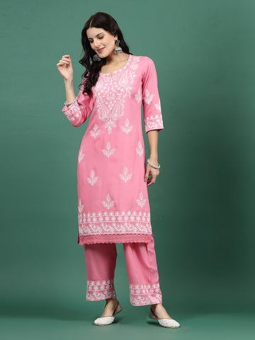 Women Pink Color Embroidery Staright Kurta Palazzo With dupatta Set