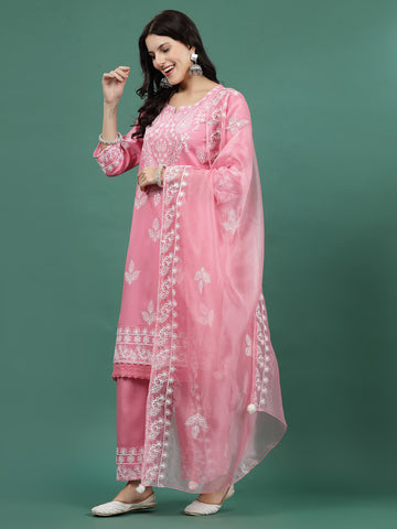 Women Pink Color Embroidery Staright Kurta Palazzo With dupatta Set