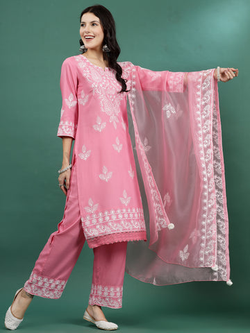 Women Pink Color Embroidery Staright Kurta Palazzo With dupatta Set