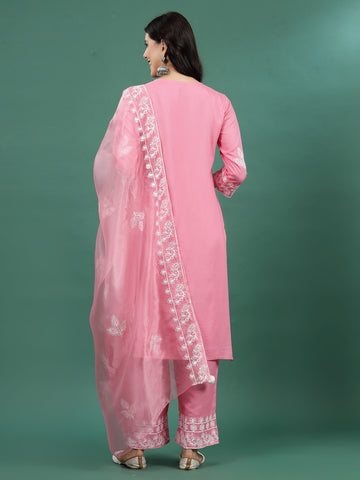 Women Pink Color Embroidery Staright Kurta Palazzo With dupatta Set