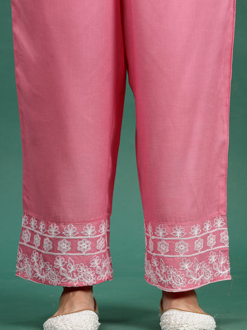 Women Pink Color Embroidery Staright Kurta Palazzo With dupatta Set