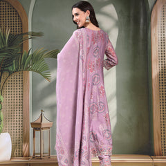 Women Lavender Embroidered Pure Silk Tie-Up Neck Kurta & Trousers With Dupatta