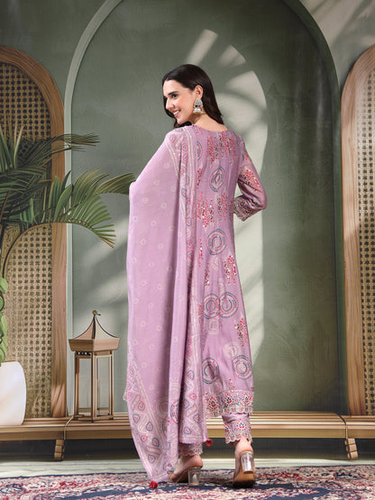 Women Lavender Embroidered Pure Silk Tie-Up Neck Kurta & Trousers With Dupatta
