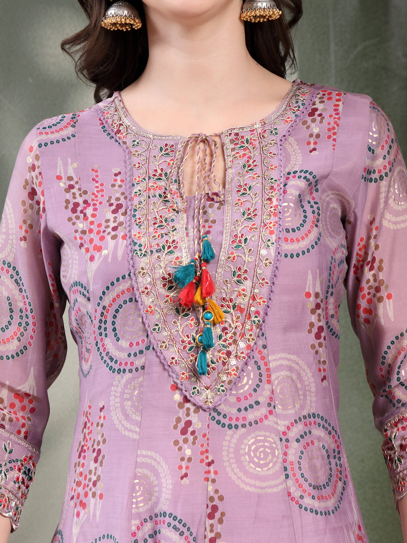 Women Lavender Embroidered Pure Silk Tie-Up Neck Kurta & Trousers With Dupatta