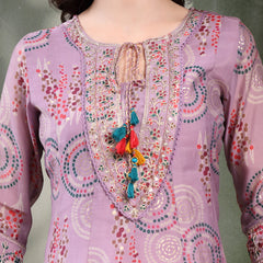 Women Lavender Embroidered Pure Silk Tie-Up Neck Kurta & Trousers With Dupatta