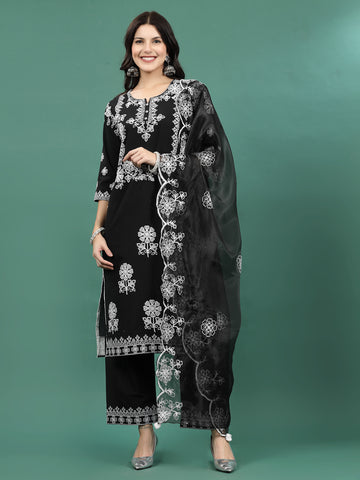 Women Black  Color Embroidery Staright Kurta Palazzo With Dupatta Set