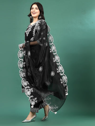 Women Black  Color Embroidery Staright Kurta Palazzo With Dupatta Set