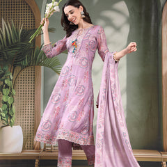 Women Lavender Embroidered Pure Silk Tie-Up Neck Kurta & Trousers With Dupatta