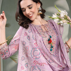 Women Lavender Embroidered Pure Silk Tie-Up Neck Kurta & Trousers With Dupatta