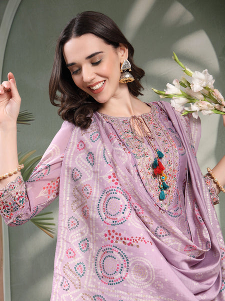 Women Lavender Embroidered Pure Silk Tie-Up Neck Kurta & Trousers With Dupatta