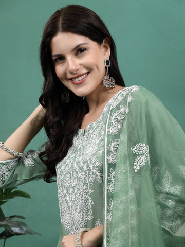 Women Green Color Embroidery Staright Kurta Palazzo With dupatta Set