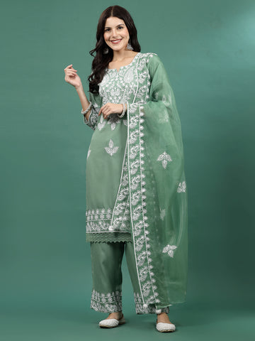 Women Green Color Embroidery Staright Kurta Palazzo With dupatta Set