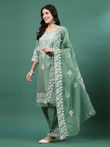 Women Green Color Embroidery Staright Kurta Palazzo With dupatta Set