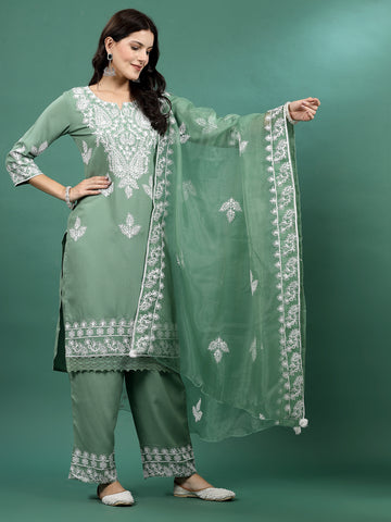 Women Green Color Embroidery Staright Kurta Palazzo With dupatta Set