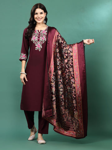 Women Burgundy Color Embroidery Staright Kurta Pant With Dupatta Set