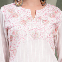 Women White Embroidered Pure Cotton Straight Kurta With Trousers & Dupatta