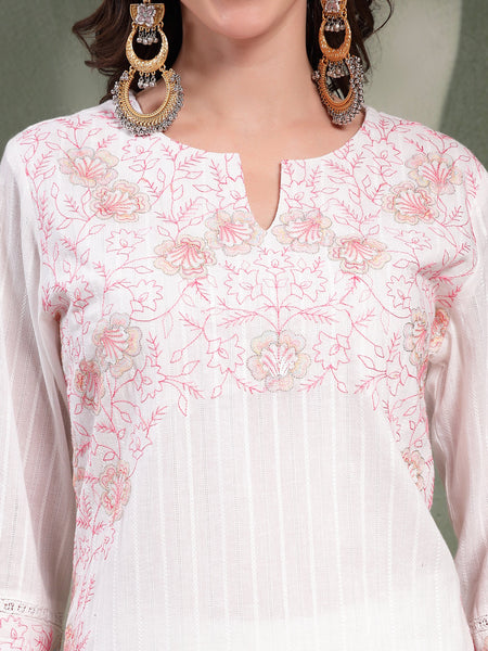 Women White Embroidered Pure Cotton Straight Kurta With Trousers & Dupatta