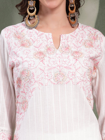 Women White Embroidered Pure Cotton Straight Kurta With Trousers & Dupatta