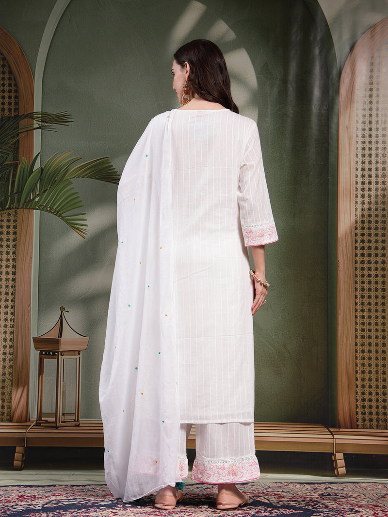 Women White Embroidered Pure Cotton Straight Kurta With Trousers & Dupatta