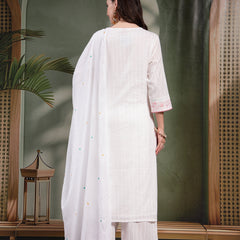 Women White Embroidered Pure Cotton Straight Kurta With Trousers & Dupatta