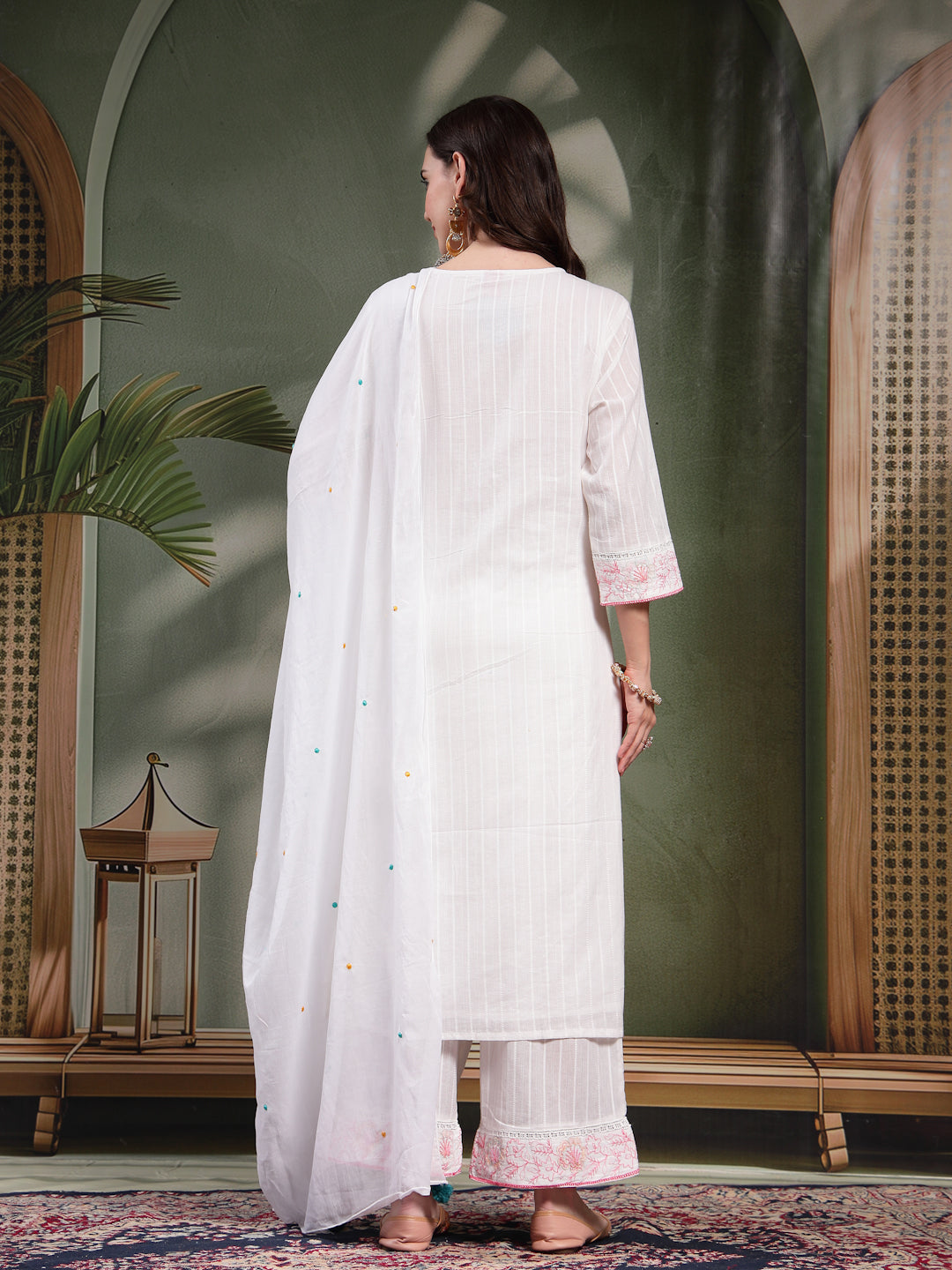 Women White Embroidered Pure Cotton Straight Kurta With Trousers & Dupatta
