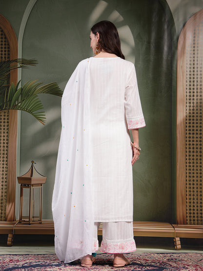 Women White Embroidered Pure Cotton Straight Kurta With Trousers & Dupatta