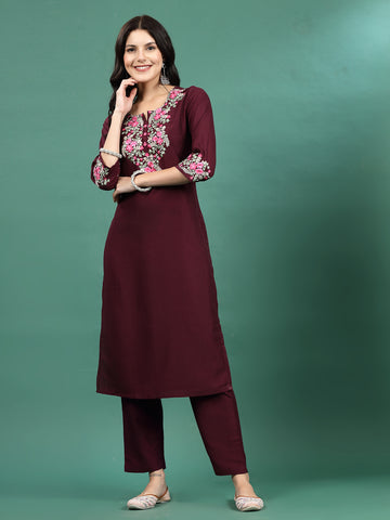 Women Burgundy Color Embroidery Staright Kurta Pant With Dupatta Set