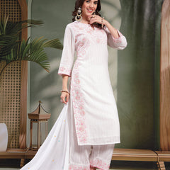 Women White Embroidered Pure Cotton Straight Kurta With Trousers & Dupatta