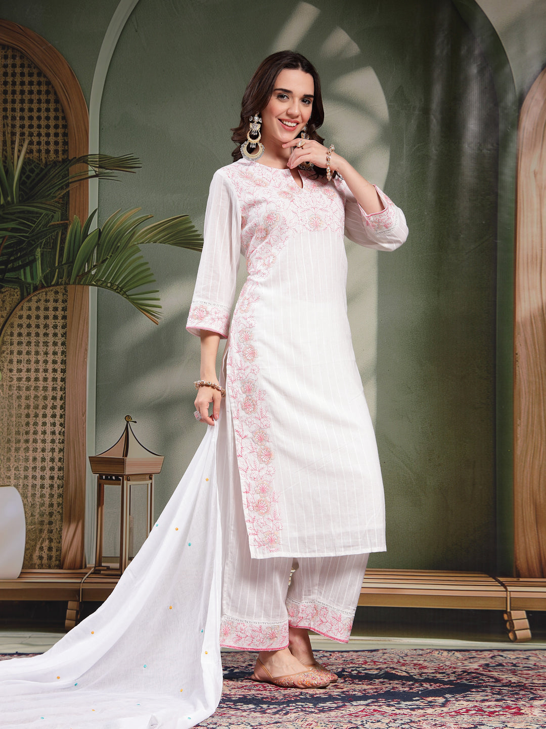 Women White Embroidered Pure Cotton Straight Kurta With Trousers & Dupatta